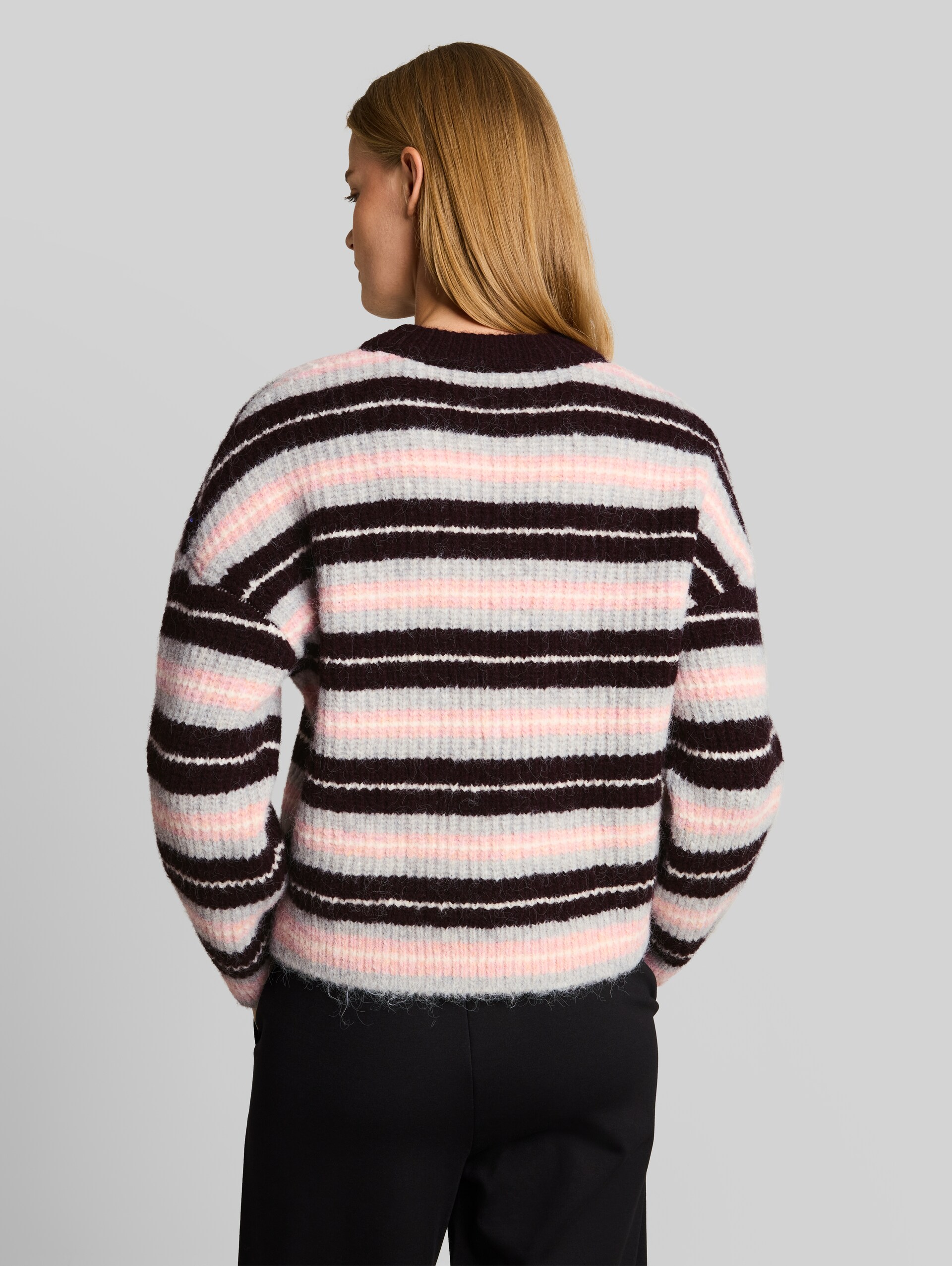 Relaxed Fit Strickpullover mit Rundhalsausschnitt - plum pink grey stripe