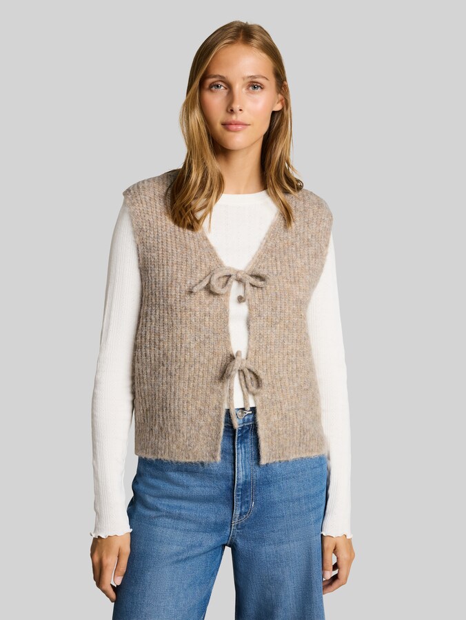 Knitted waistcoat with bows by Denim Female, atmosphere beige melange
