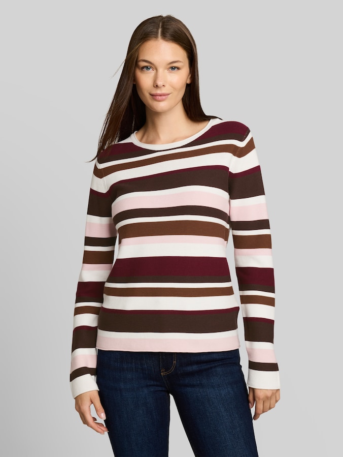 Strickpullover aus Baumwolle von Women, camel brown red stripe