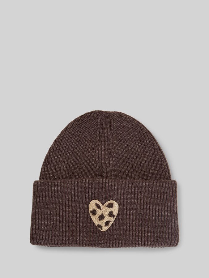 Beanie with badge by Women, java dark brown melange