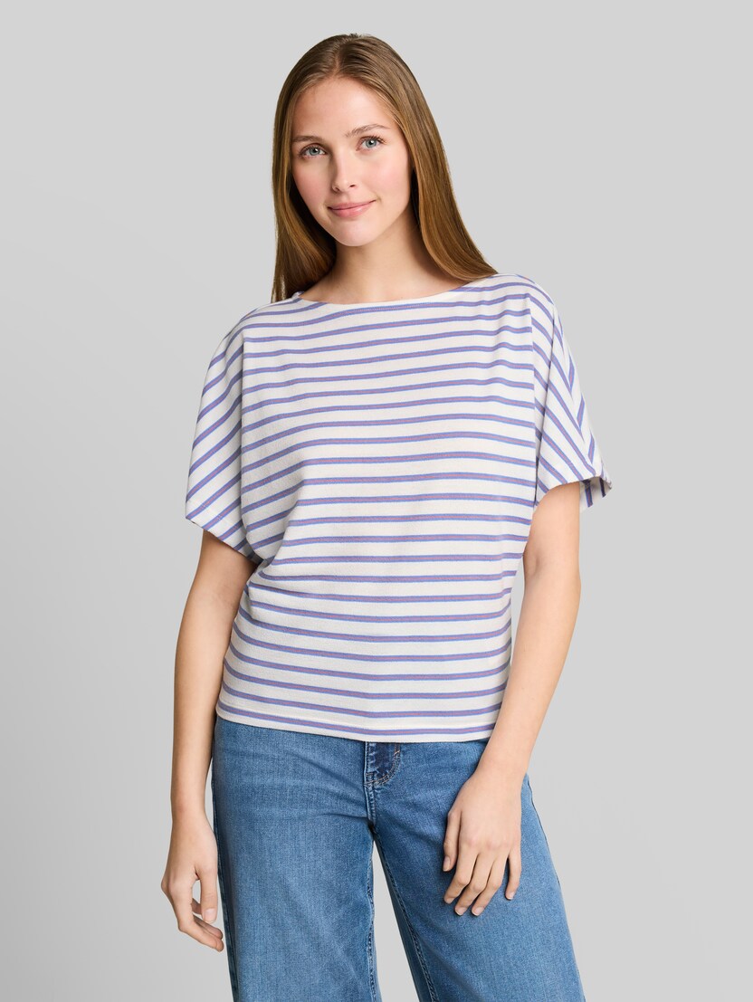 Loose-fit T-shirt with a striped pattern by Denim Female, white blue coral stripe