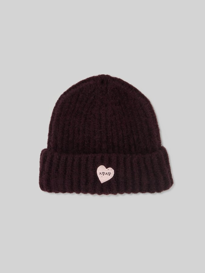 Beanie Mütze mit Stickerei von Denim Female, dark plum melange