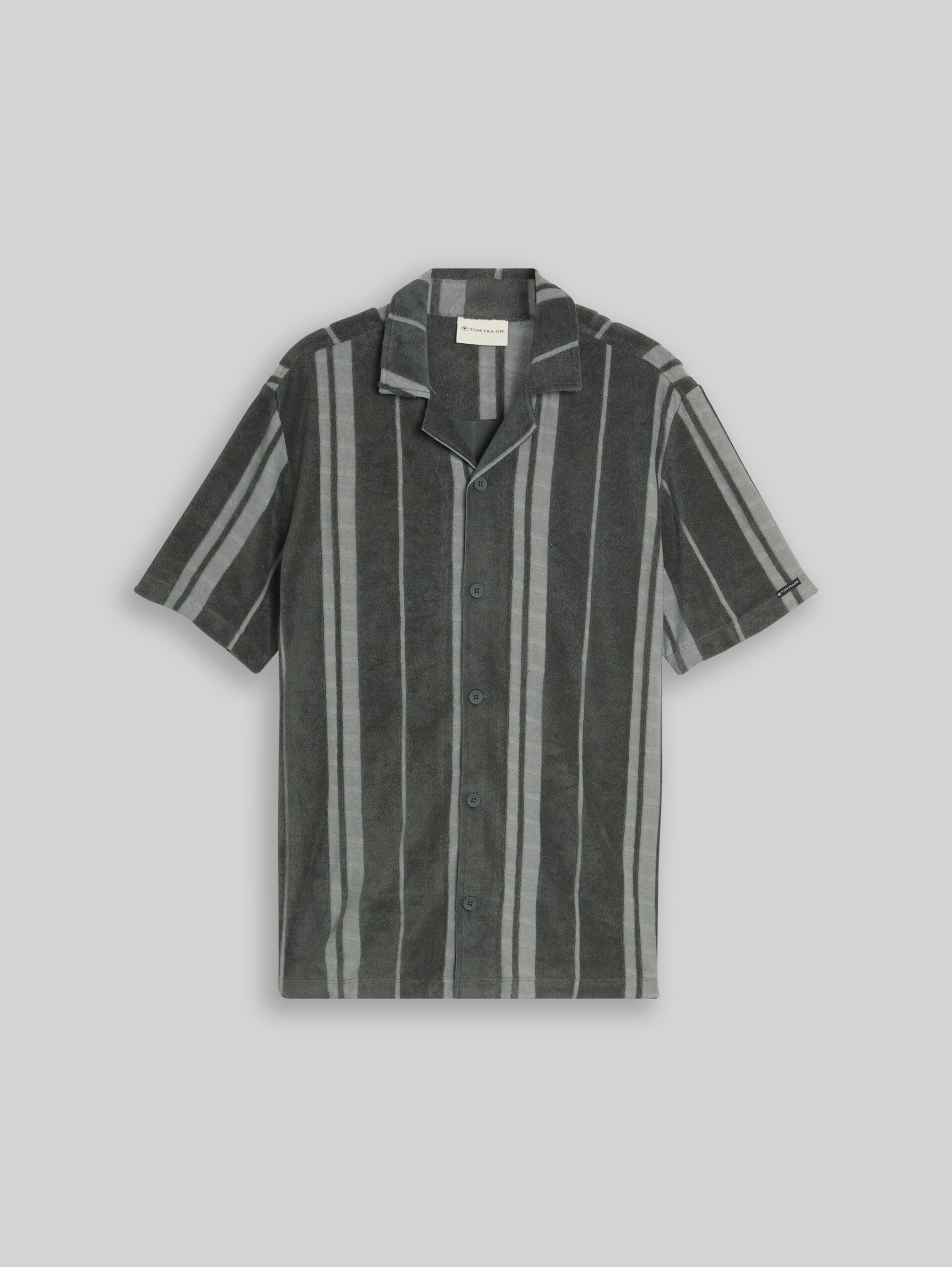 Regular Fit Frottee Kurzarmhemd mit Streifenmuster - Darkest Olive - Vorder-Produkt-Ansicht