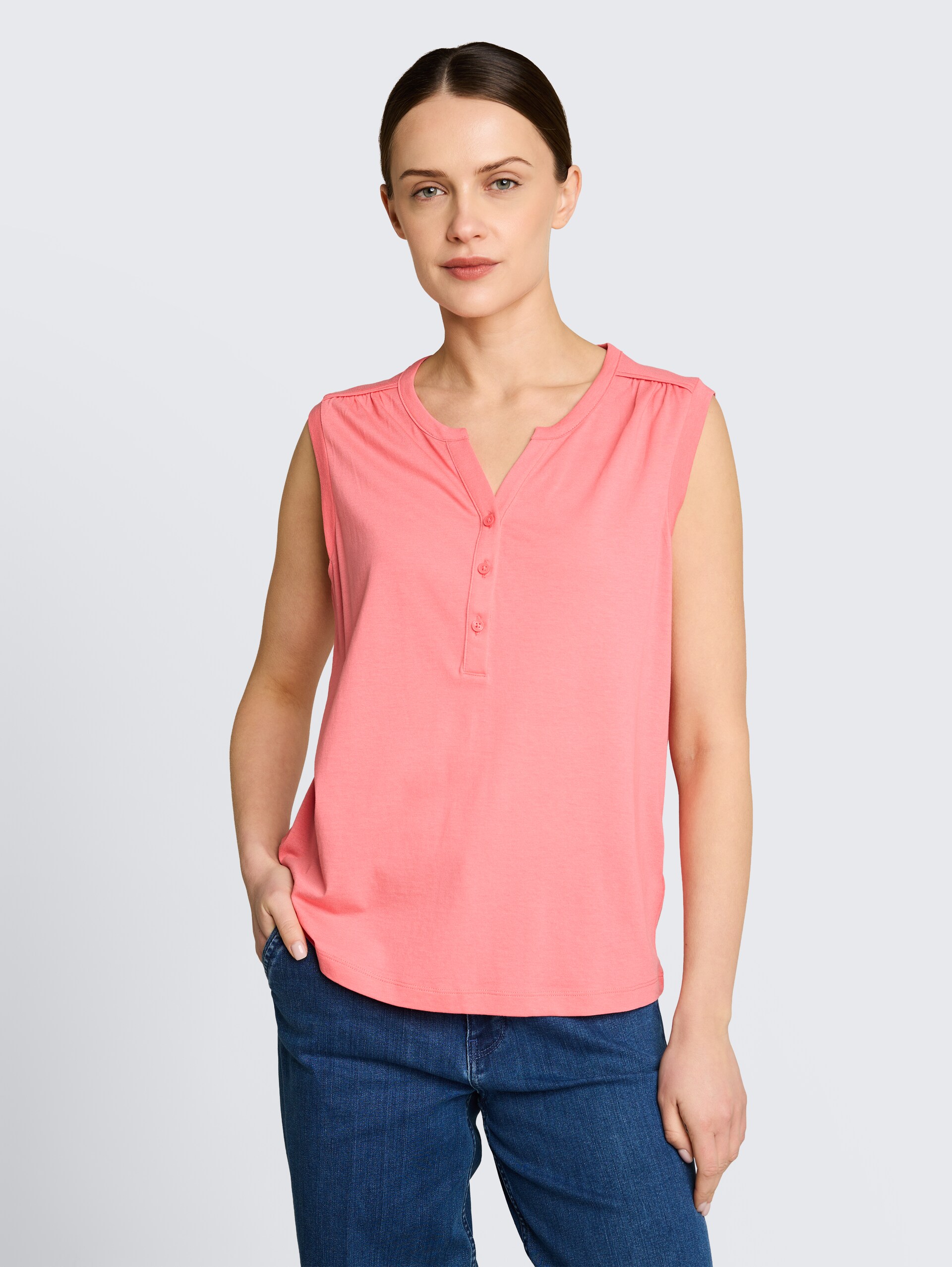 Henley-top met plooien - soft fuchsia pink - Nek model vooraanzicht