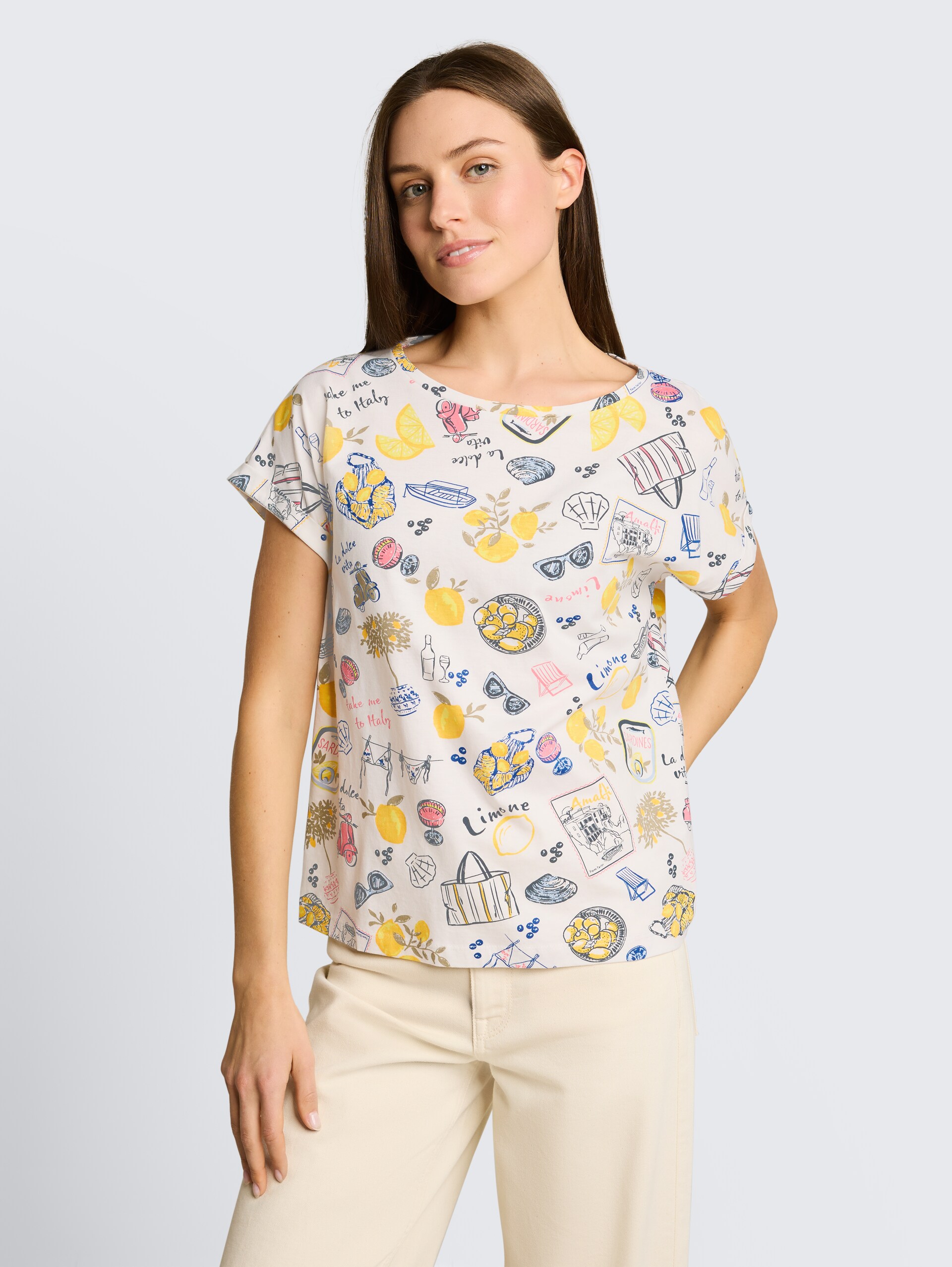 T-shirt met all-over print - summerly lemon print - Nek model vooraanzicht
