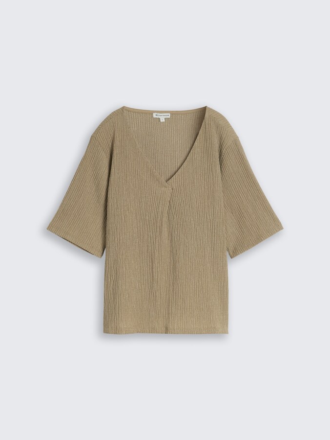Crinkle T-Shirt mit V-Ausschnitt von Women, olive white structure
