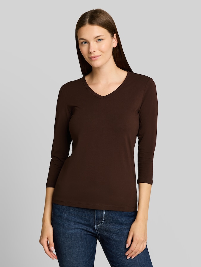 Basic Langarmshirt mit V-Ausschnitt von Women, java dark brown