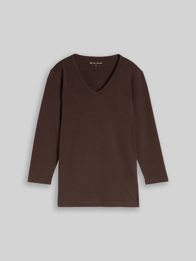 Basic Langarmshirt mit V-Ausschnitt von Women, java dark brown