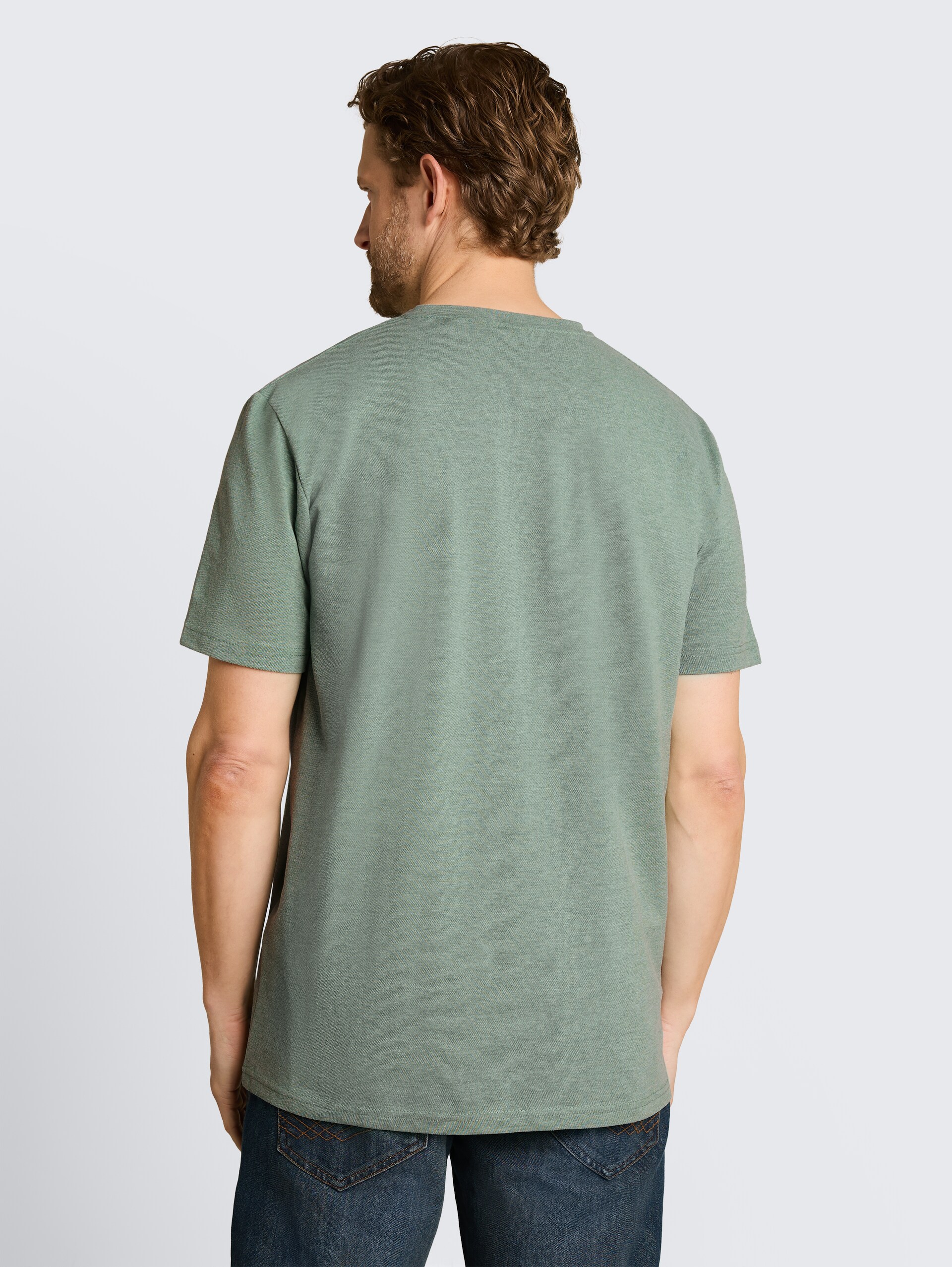 Piqué T-shirt in gemêleerde look - Garden Green - Neklijn model-achteraanzicht