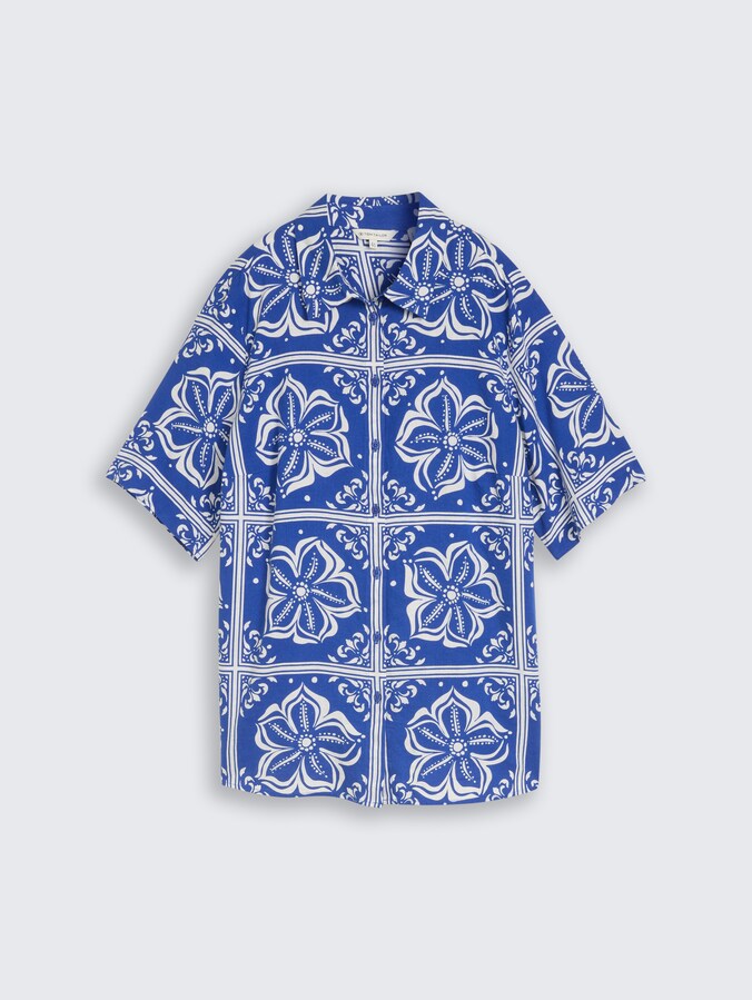 Plus Size - Loose Fit Bluse mit Leinenanteil von Women Plus Size, blue flower tile design