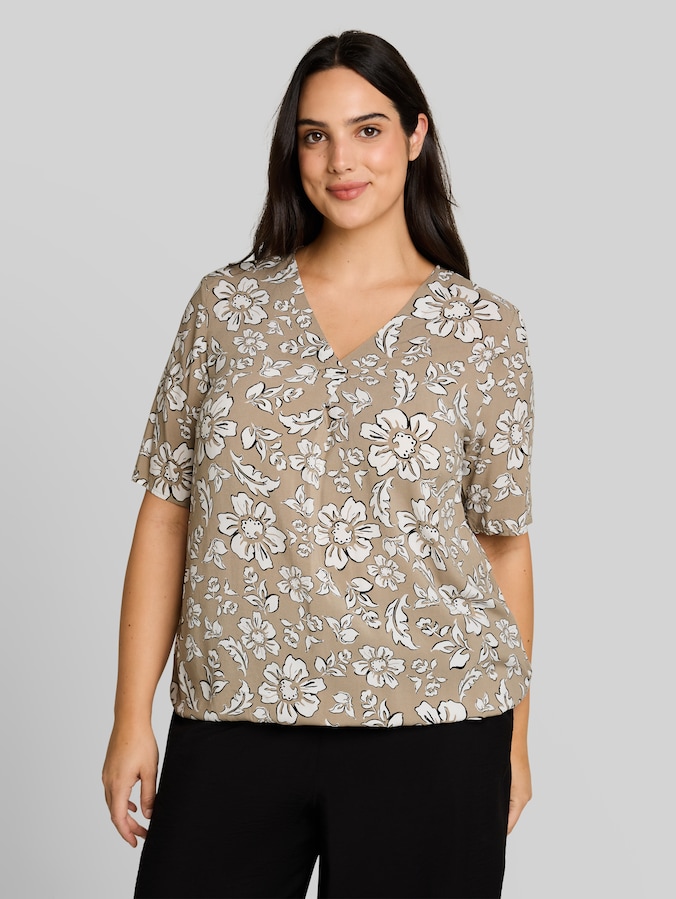 Plus Size - blouse van viscose door Women Plus Size, olive big flower design