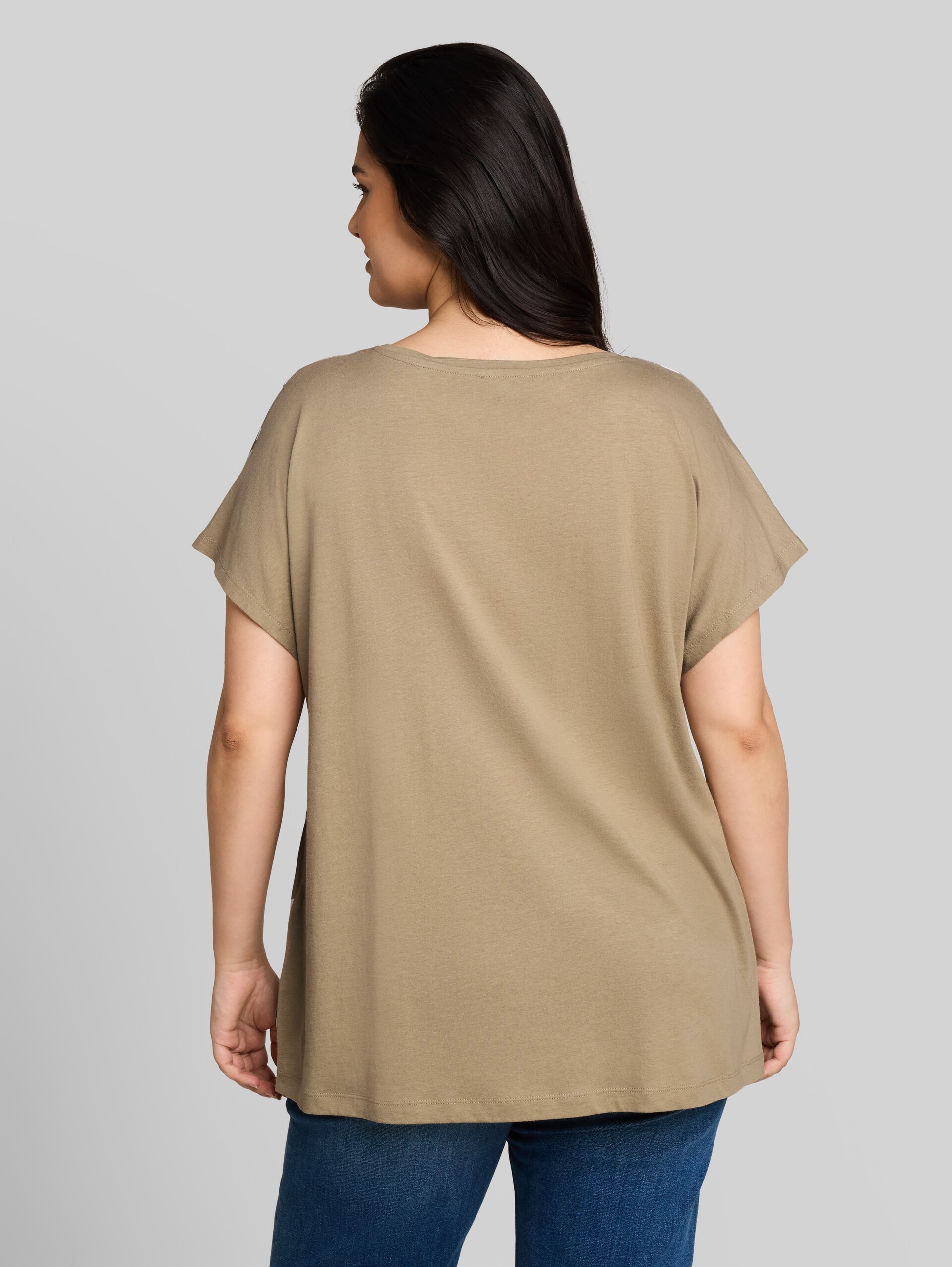 Plus Size - Mixed-fabric T-shirt - Silver Olive - Neckline model-back view