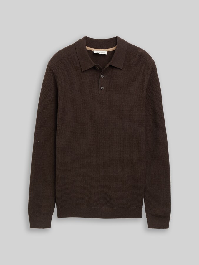 Knitted jumper with polo collar by Men, dark chocolate brown melange