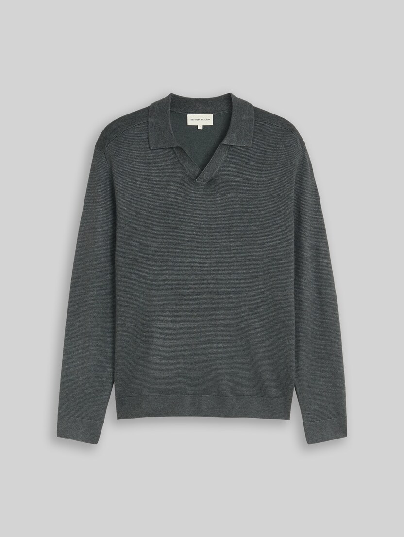 Knitted jumper with polo collar by Men, darkest olive melange