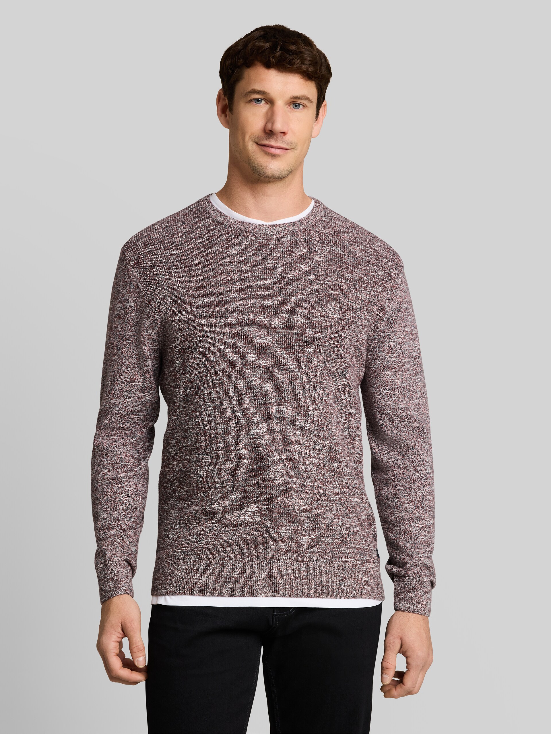 Gebreide trui met gemêleerde look - olive red white mouline - Nek model vooraanzicht