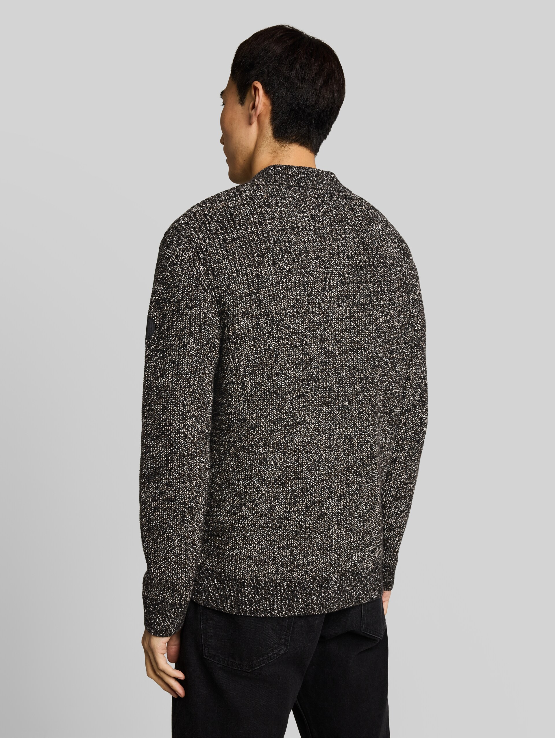 Strick-Poloshirt in Melange-Optik - black white mouline