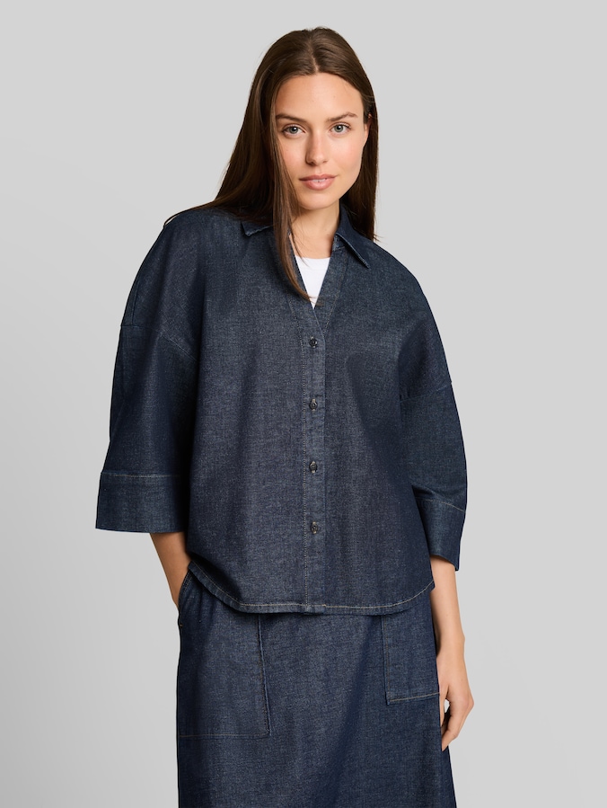 Oversize Jeansbluse mit V-Ausschnitt von Women, Blue Rinse Denim