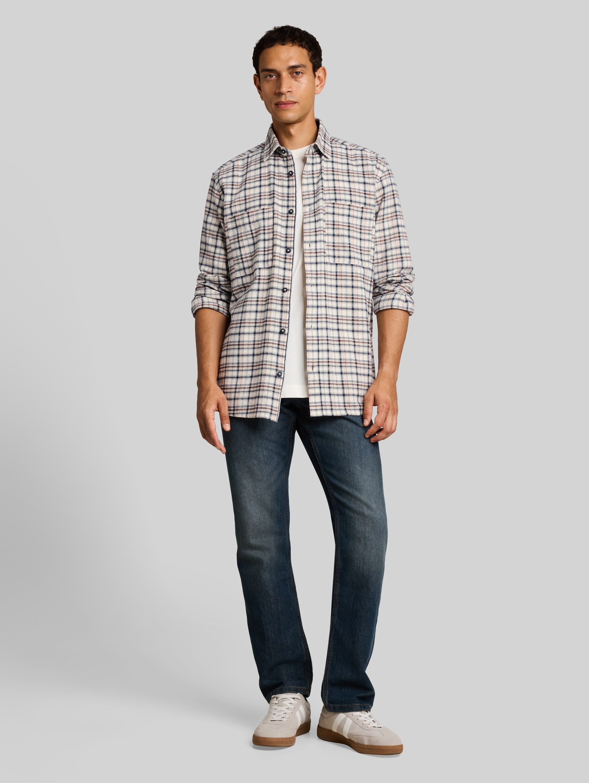 Comfort Fit Flanell-Hemd mit Karomuster - white based mint check - Model-Vorderansicht