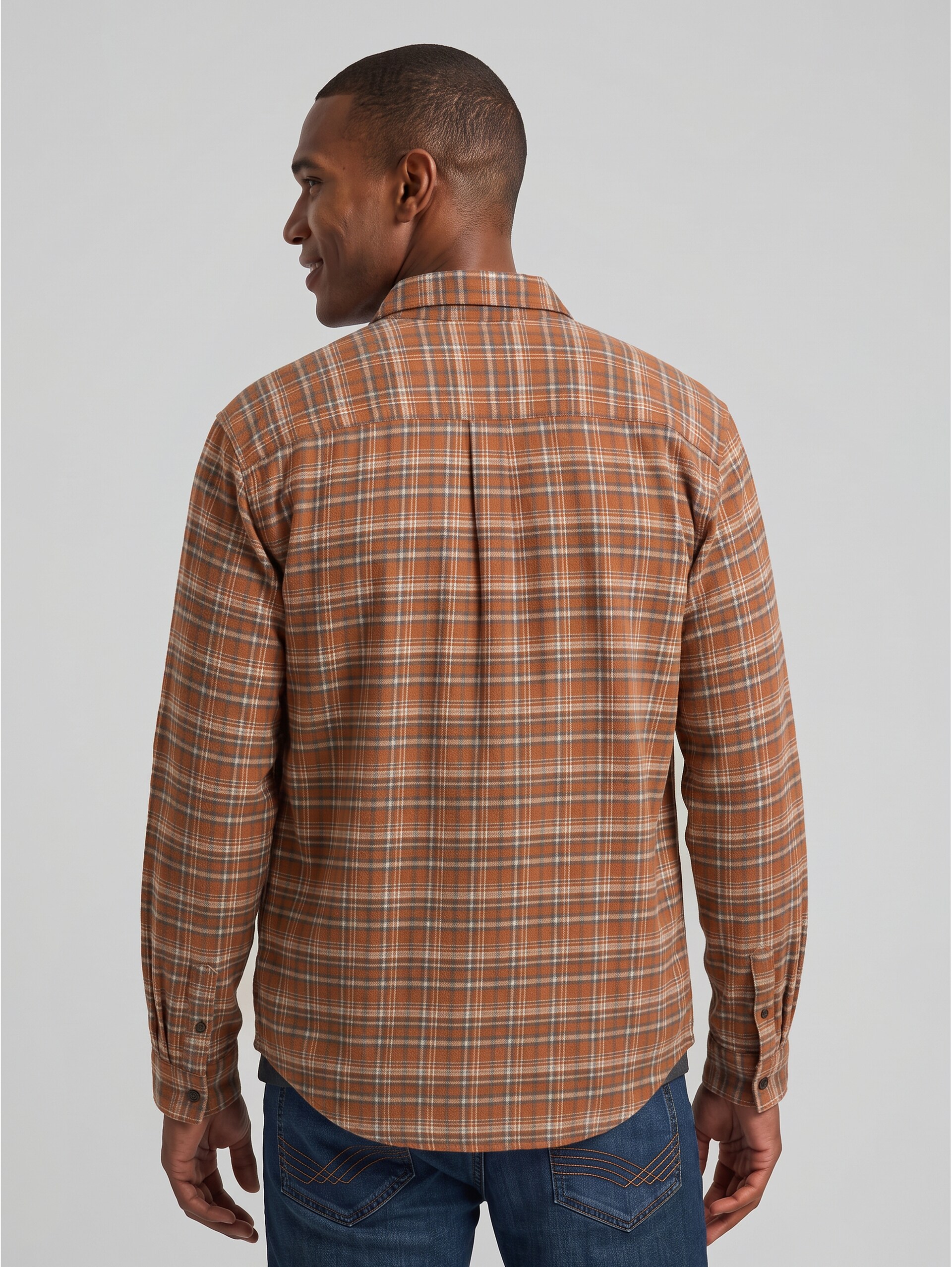 Comfort Fit flanellen overhemd met ruitpatroon - brown orange based mint check - Neklijn model-achteraanzicht