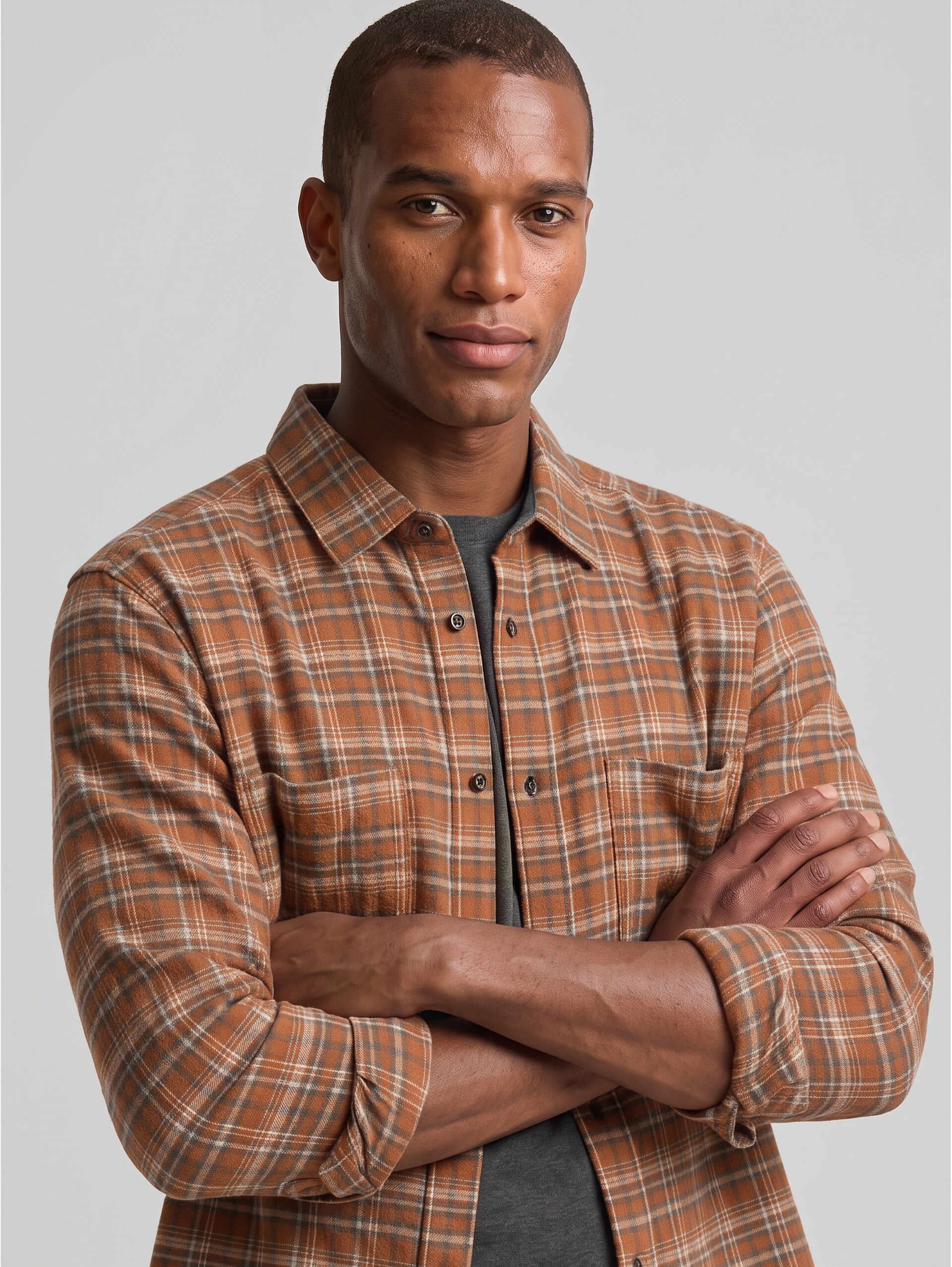 Comfort Fit flanellen overhemd met ruitpatroon - brown orange based mint check - Detailaanzicht model