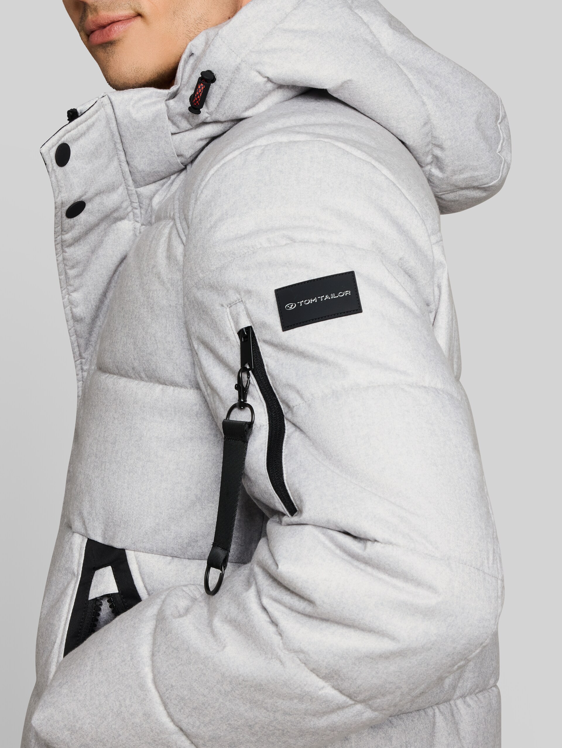 Puffer-Jacke mit abnehmbarer Kapuze - mid grey salt pepper structure - Detail-Model-Ansicht