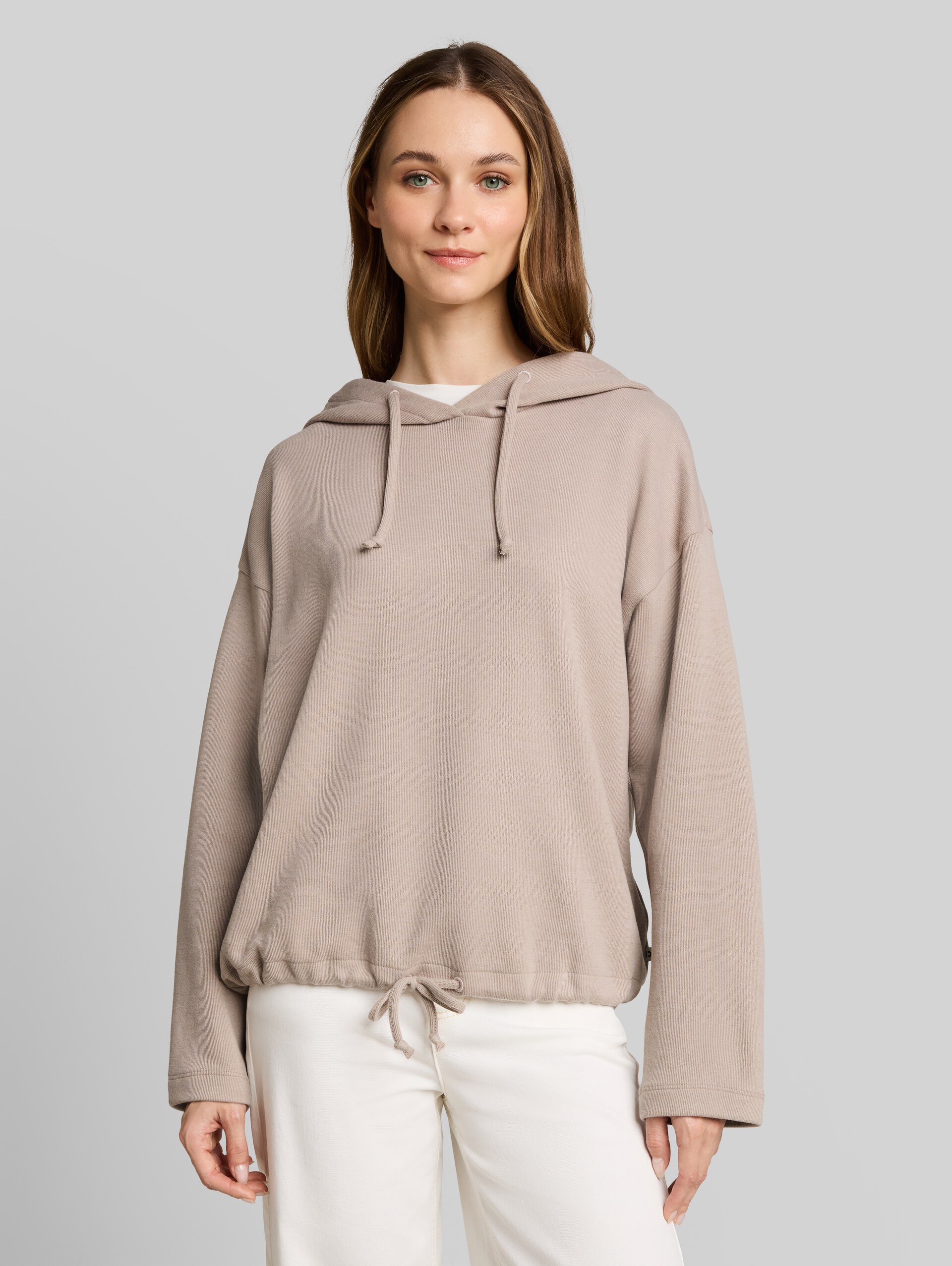 Hoodie met boxy pasvorm - atmosphere beige melange - Nek model vooraanzicht