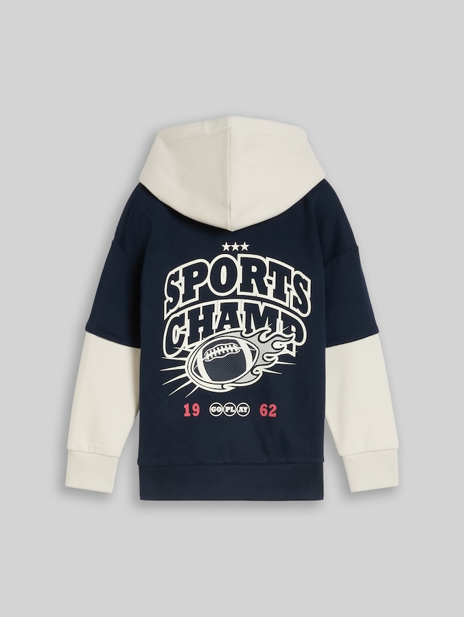Oversized hoodie in 2-in-1-look met print op de rug door Mini Boys, sky captain blue