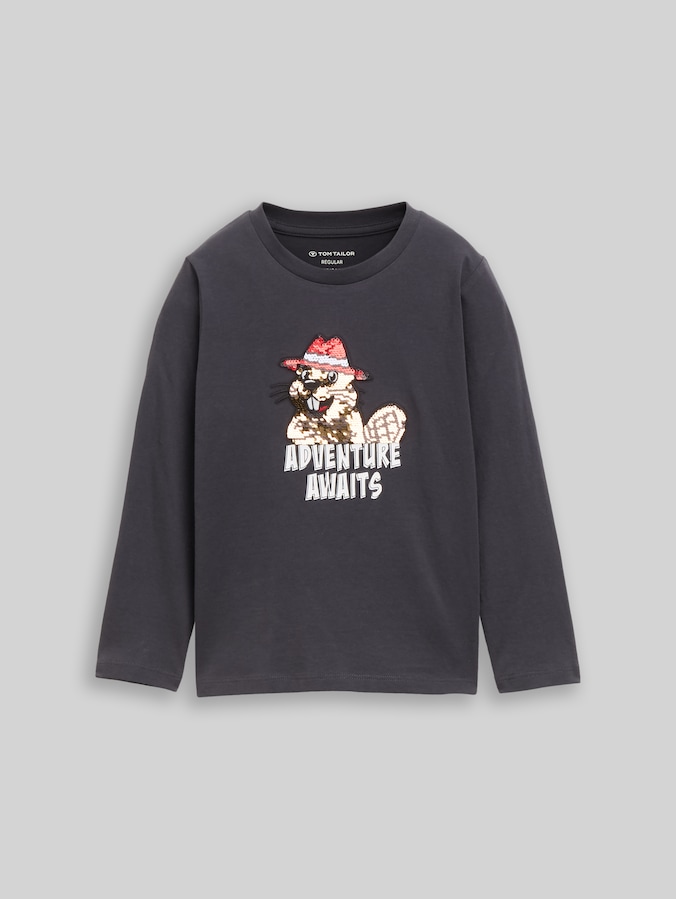 Long-sleeved T-shirt with beaver print by Mini Boys, coal grey