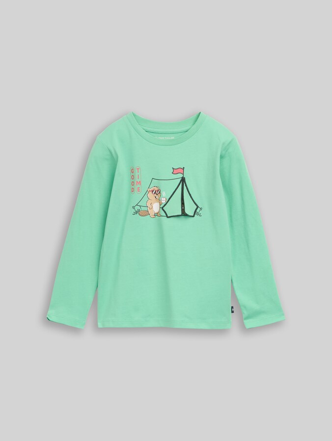 Long-sleeved T-shirt with beaver print by Mini Boys, leafy green
