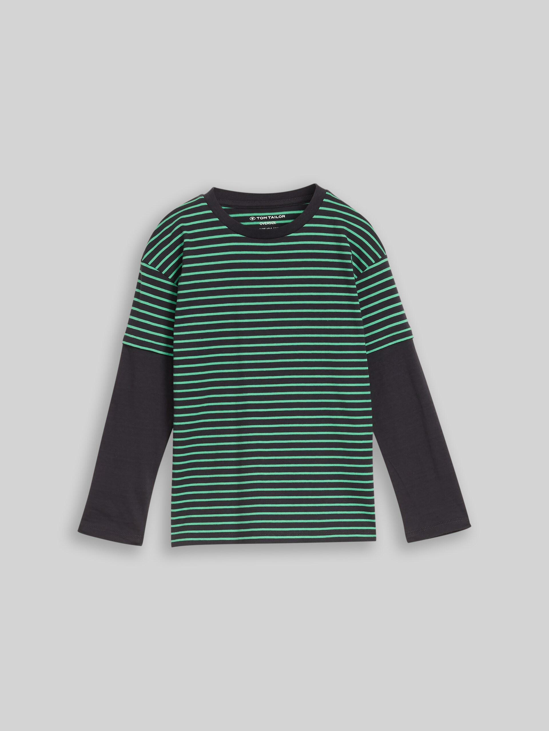 Oversize Langarmshirt im 2-in-1-Look - green grey small stripe - Vorder-Produkt-Ansicht