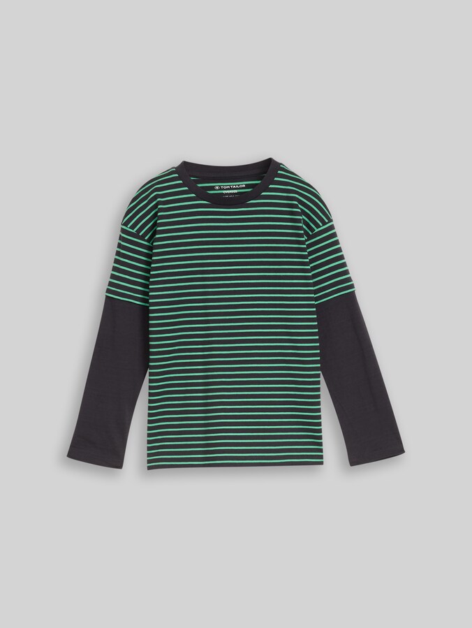 Oversize Langarmshirt im 2-in-1-Look von Mini Boys, green grey small stripe