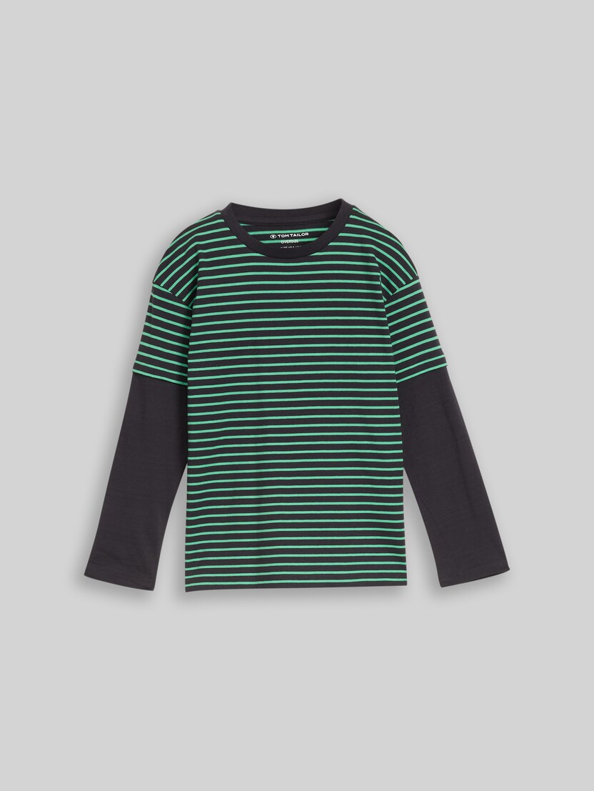 Oversize Langarmshirt im 2-in-1-Look von Mini Boys, green grey small stripe