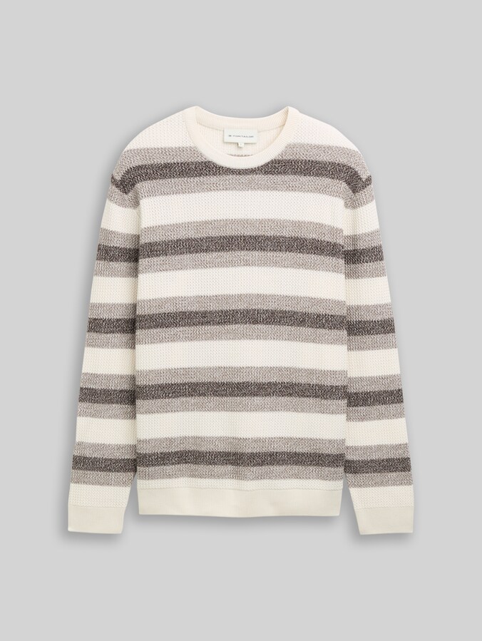 Pull en maille à rayures par Men, brown taupe mouline stripe