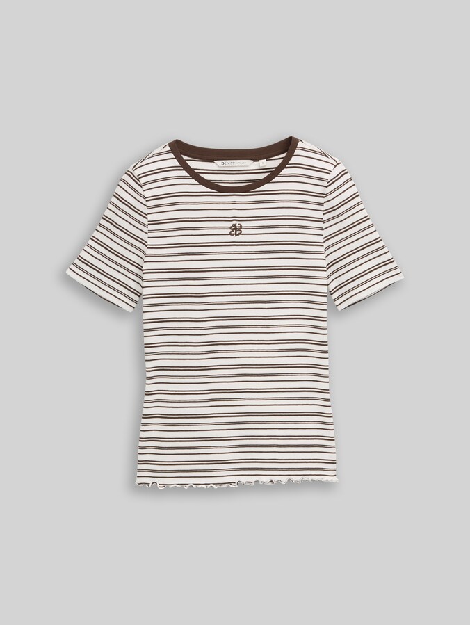 Slim-fit T-shirt with embroidery by Denim Female, white brown irregular stripe