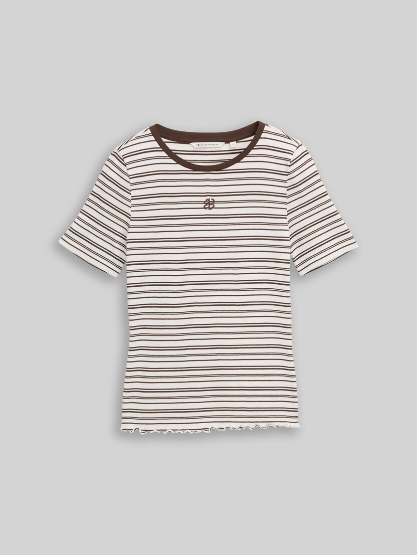 Slim fit T-shirt with embroidery by Denim Female, white brown irregular stripe