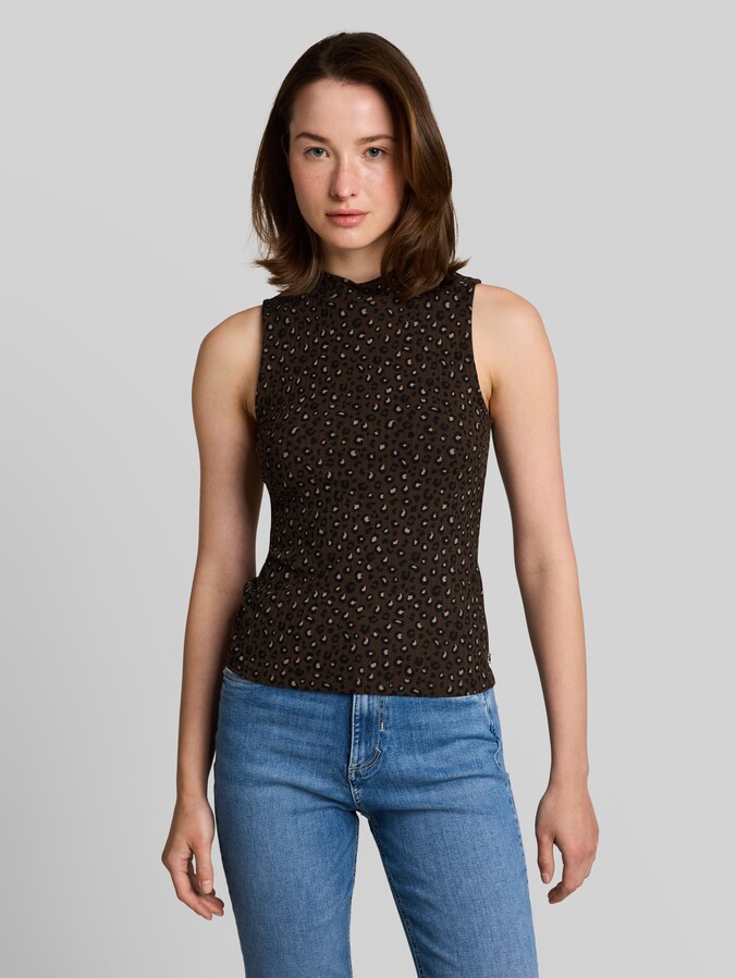 Slim fit top met opstaande kraag door Denim Female, brown black leo print