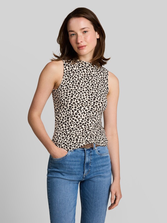 Slim Fit Top mit Stehkragen von Denim Female, beige brown leo print
