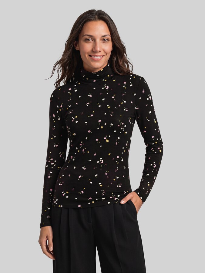 Patterned turtleneck top by Denim Female, black flower print