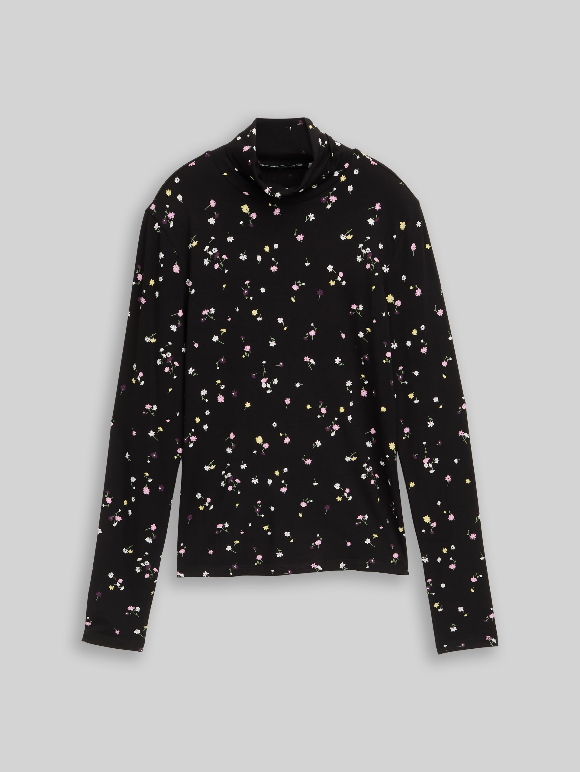 Rollkragenshirt mit Muster - black flower print - Vorder-Produkt-Ansicht