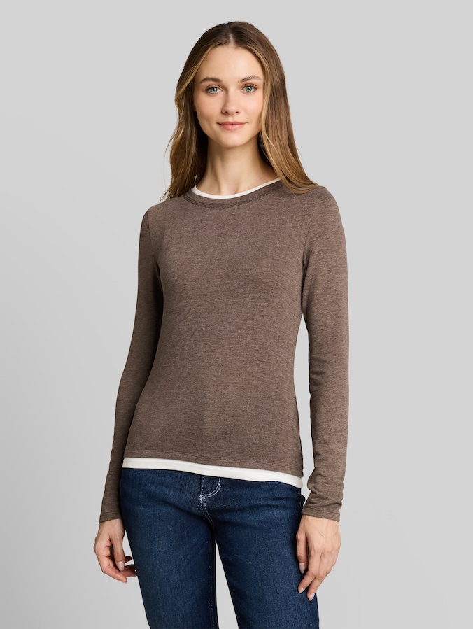Cosy long-sleeved top with a 2-in-1 look by Denim Female, cool dark brown melange