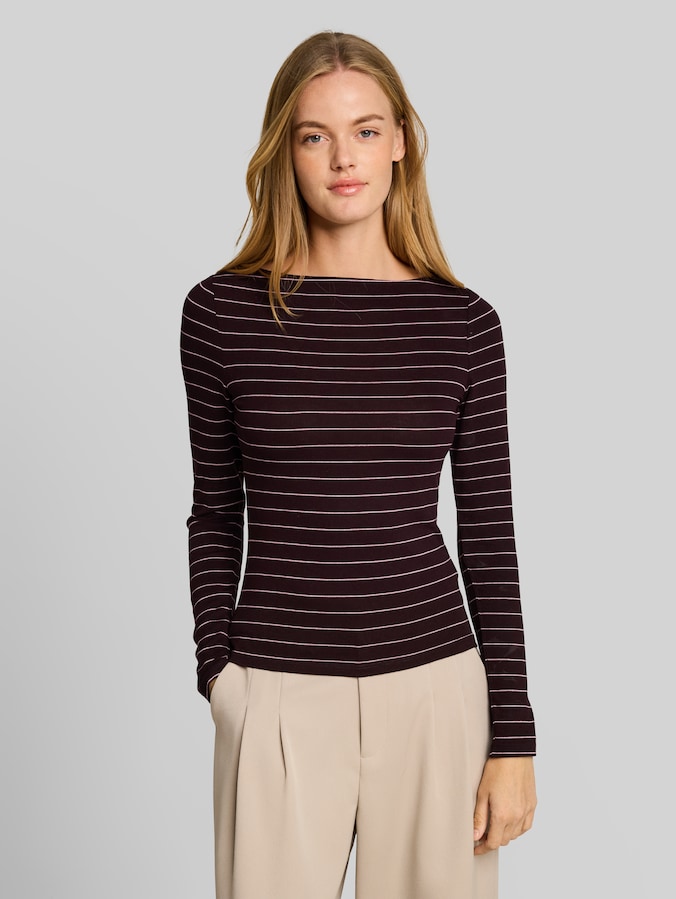 T-shirt à manches longues coupe slim avec encolure bateau par Denim Female, plum pink small stripe