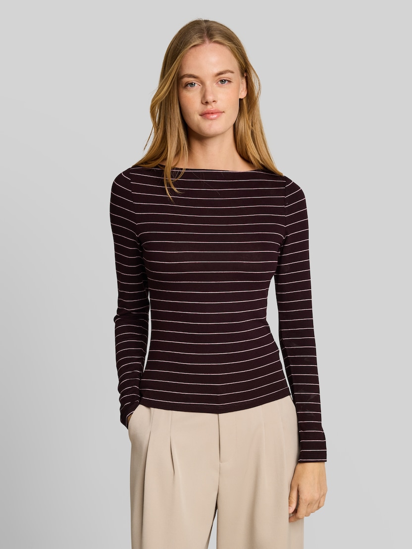 Slim Fit Langarmshirt mit U-Boot-Ausschnitt von Denim Female, plum pink small stripe