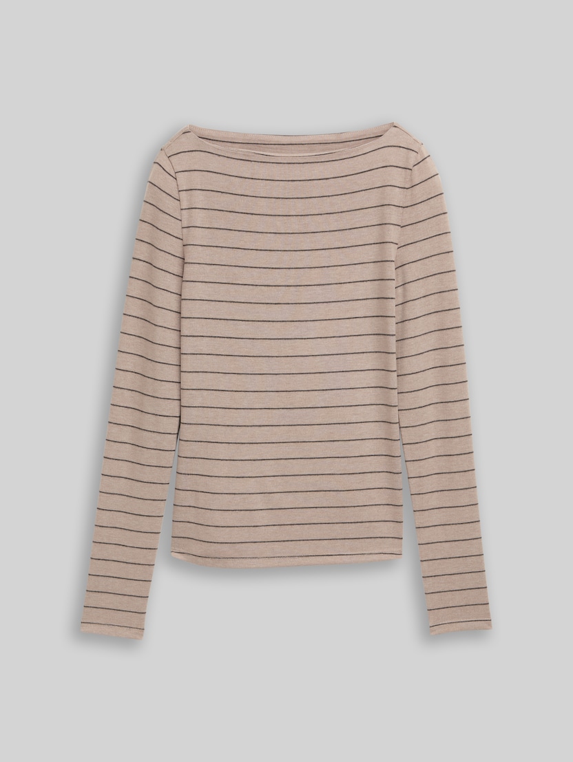 Slim Fit Langarmshirt mit U-Boot-Ausschnitt von Denim Female, beige melange grey stripe