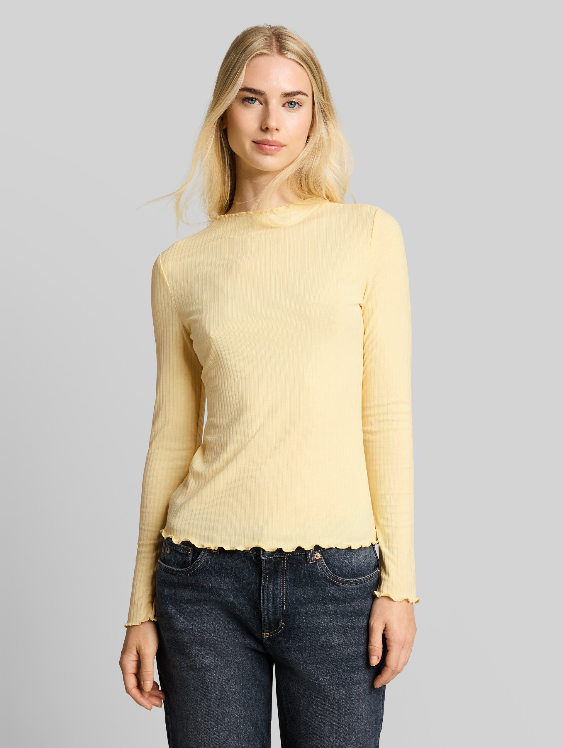 T-shirt met lange mouwen en geribde structuur - soft vanilla yellow - Nek model vooraanzicht