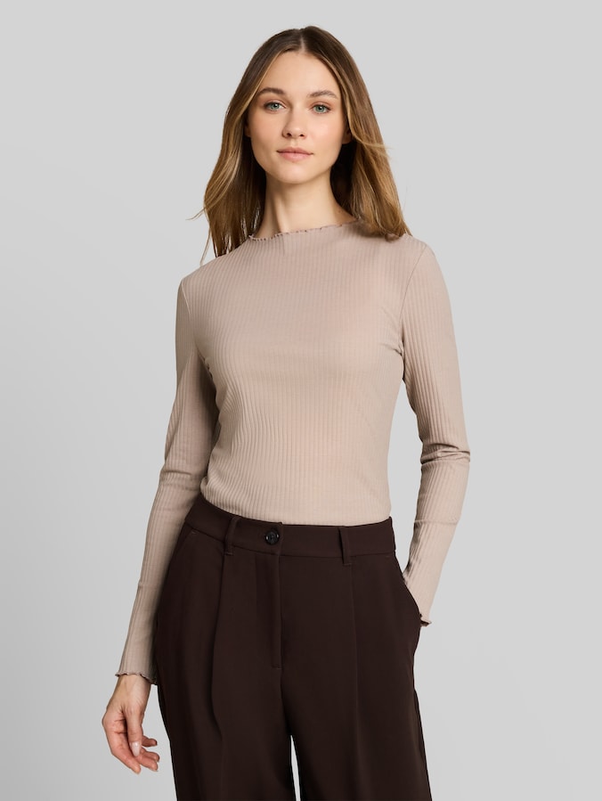 T-shirt met lange mouwen en geribde structuur door Denim Female, atmosphere beige melange
