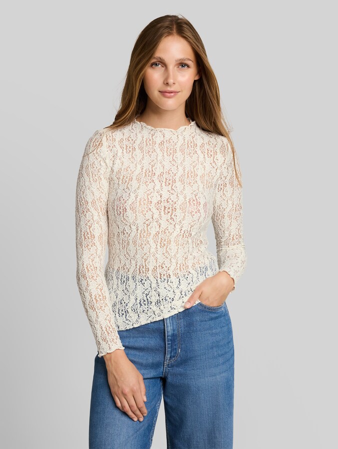 Slim Fit Langarmshirt aus Spitze von Denim Female, off white