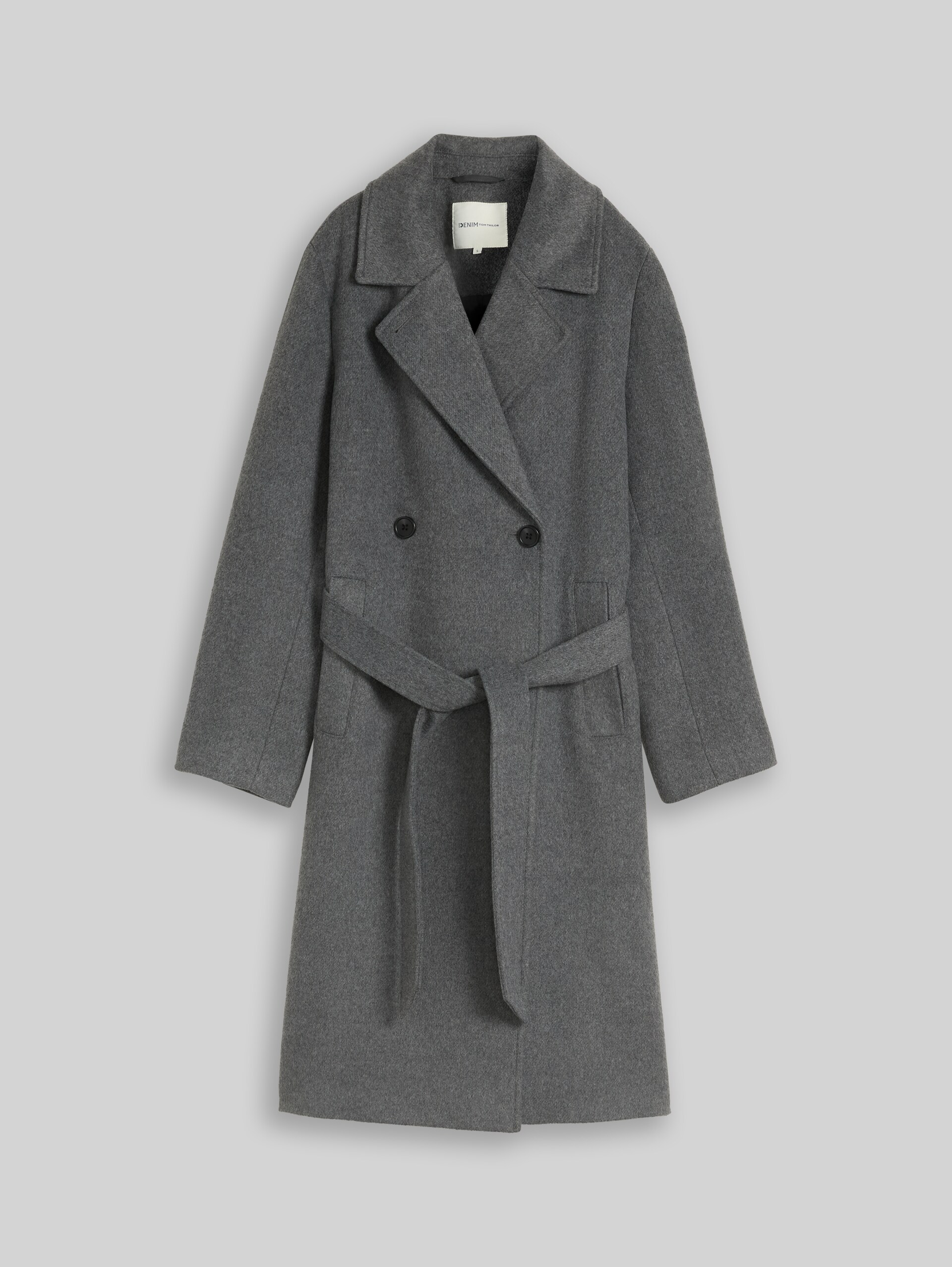 Losvallende jas met riem - dark coal grey melange - Product vooraanzicht