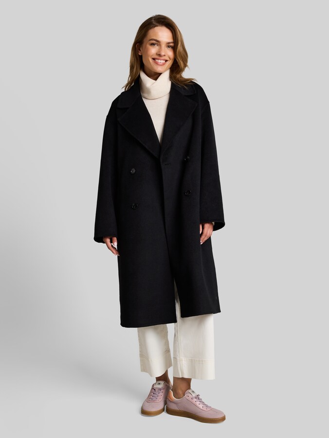Wollen jas met losse pasvorm door Women, deep black