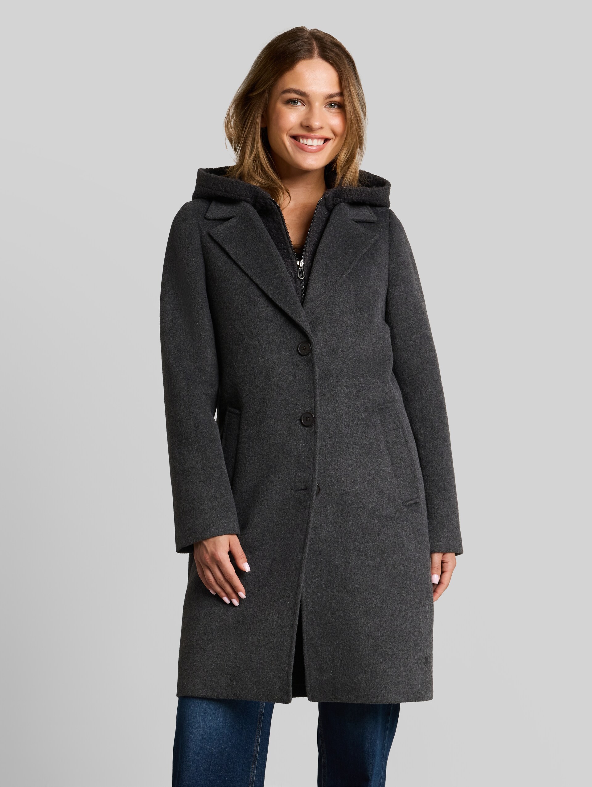 2-in-1 woollen coat with detachable insert - Black Grey Melange - Model front view