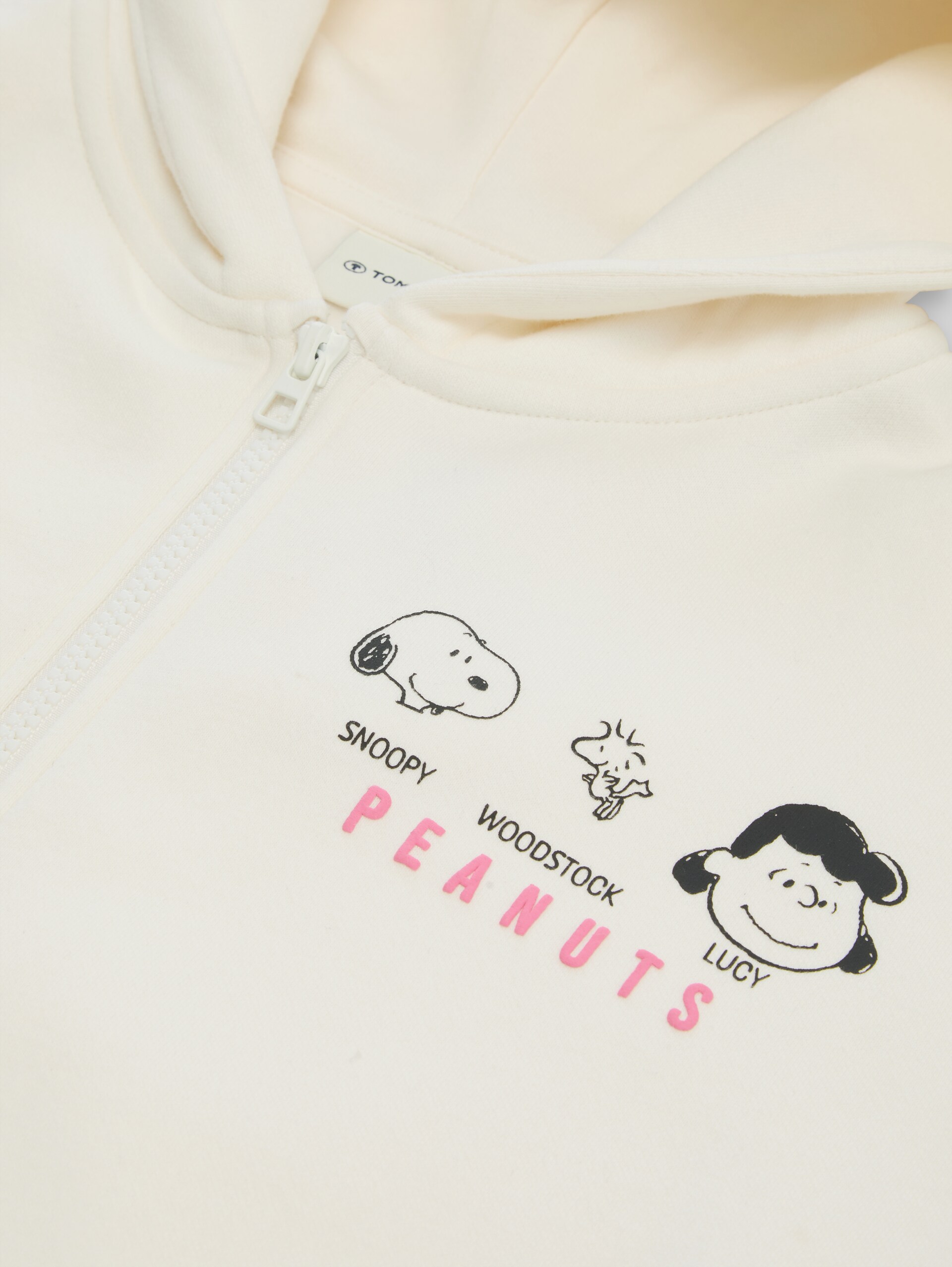 Oversize Hoodie Sweatjacke mit Peanuts-Print - Gardenia White - Detail-Model-Ansicht